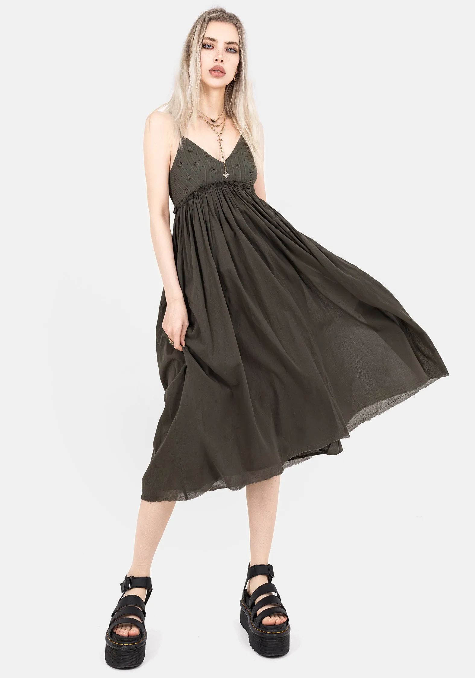 Thyme Cotton Plunge Neck Cami Midi Dress Simple Elegance Brunch Glow