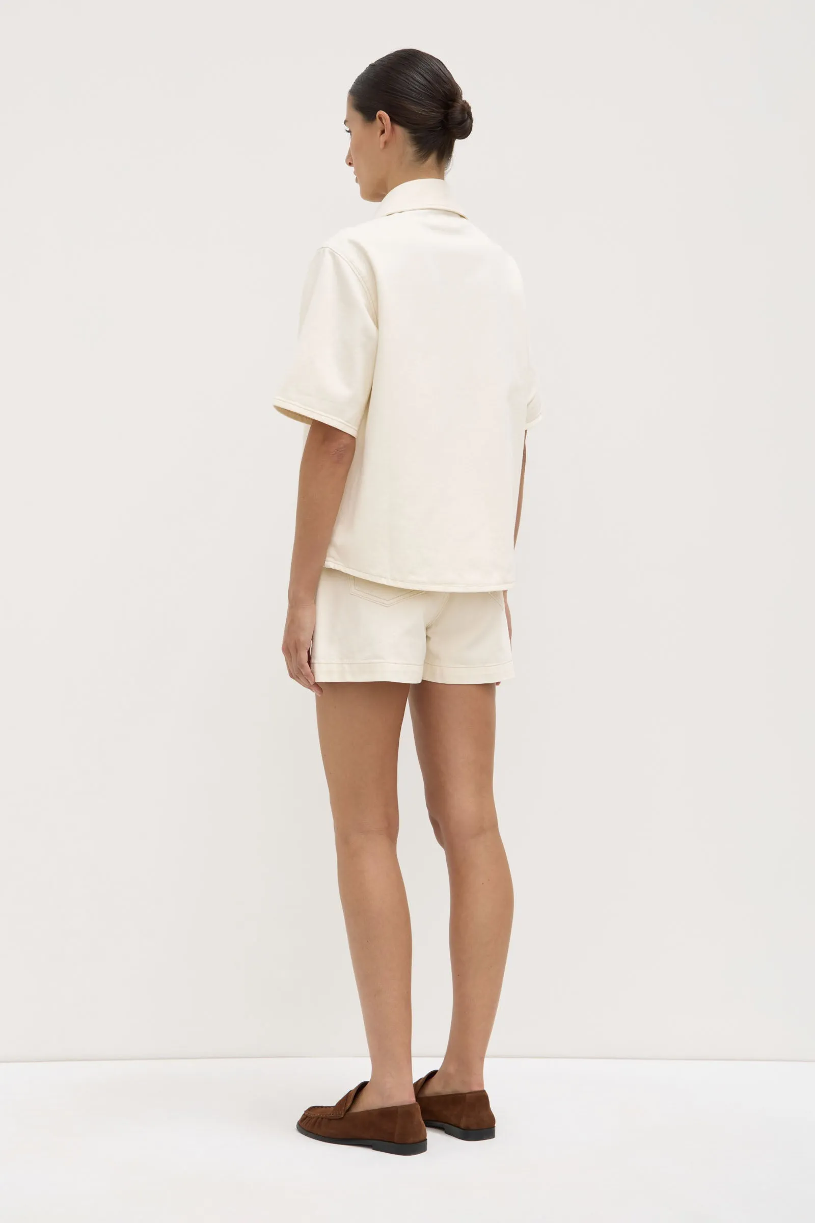 Boxy Denim Short Sleeve Shirt Seamless Shoulder