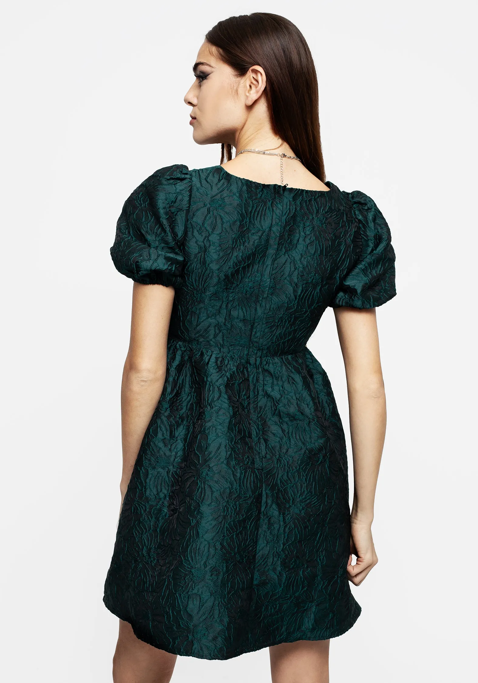 Smooth Look Form Flow Tiffany Jacquard Puff Sleeve Mini Dress - Green