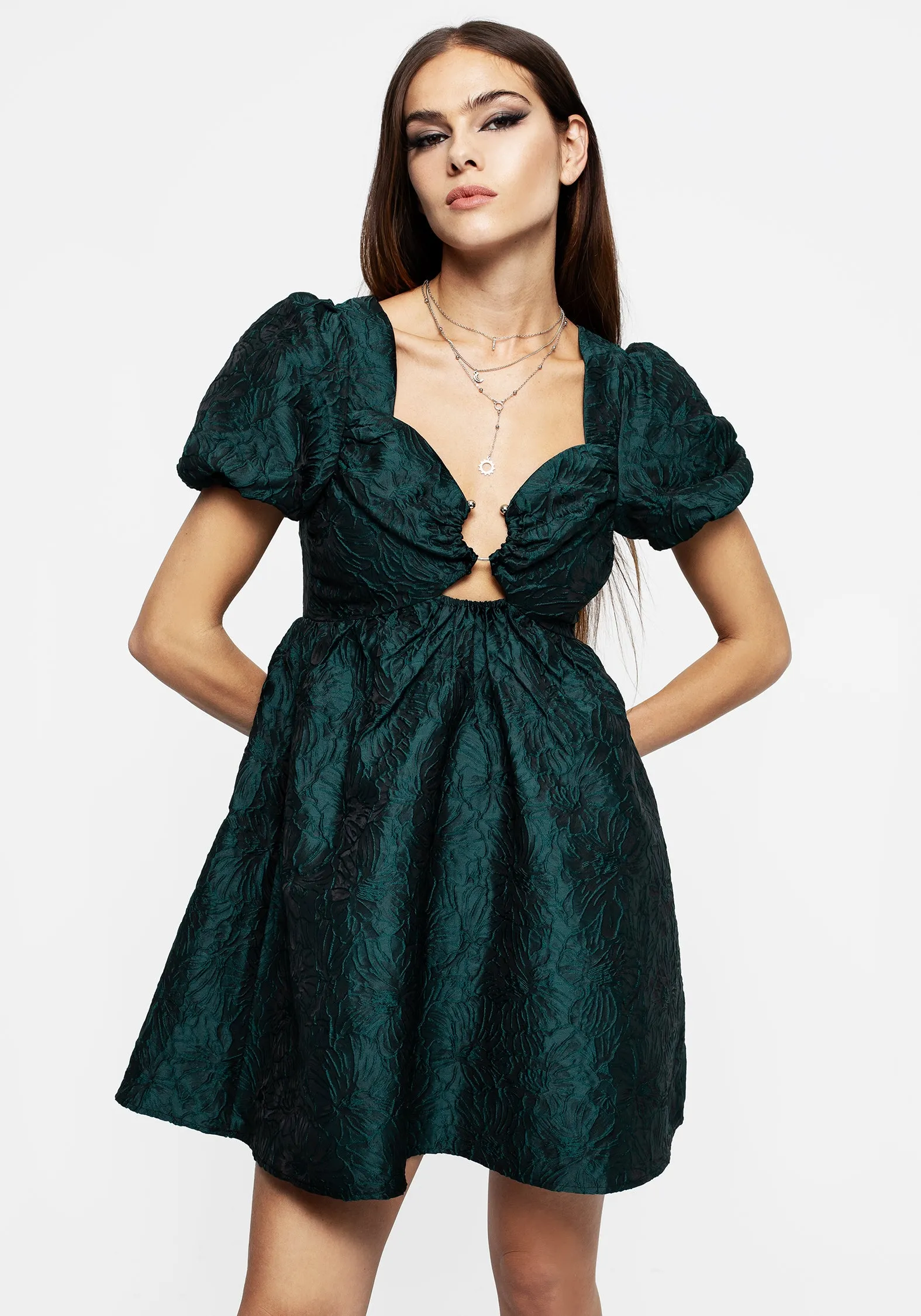 Fall Mood Tiffany Jacquard Puff Sleeve Mini Dress - Green