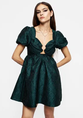 Fall Mood Tiffany Jacquard Puff Sleeve Mini Dress - Green