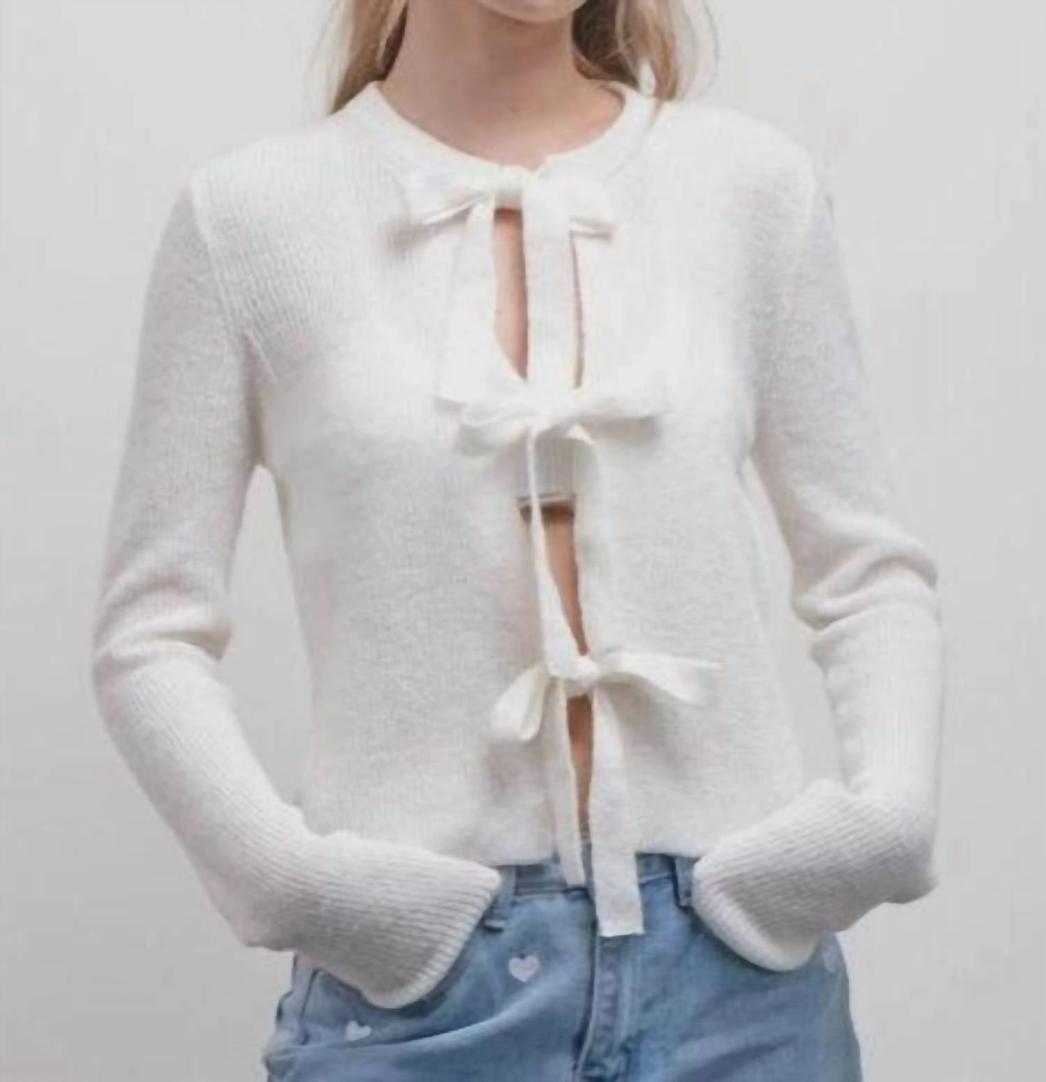 Front Bow Cardigan In Cream Durable Fabric Warm Wardrobe
