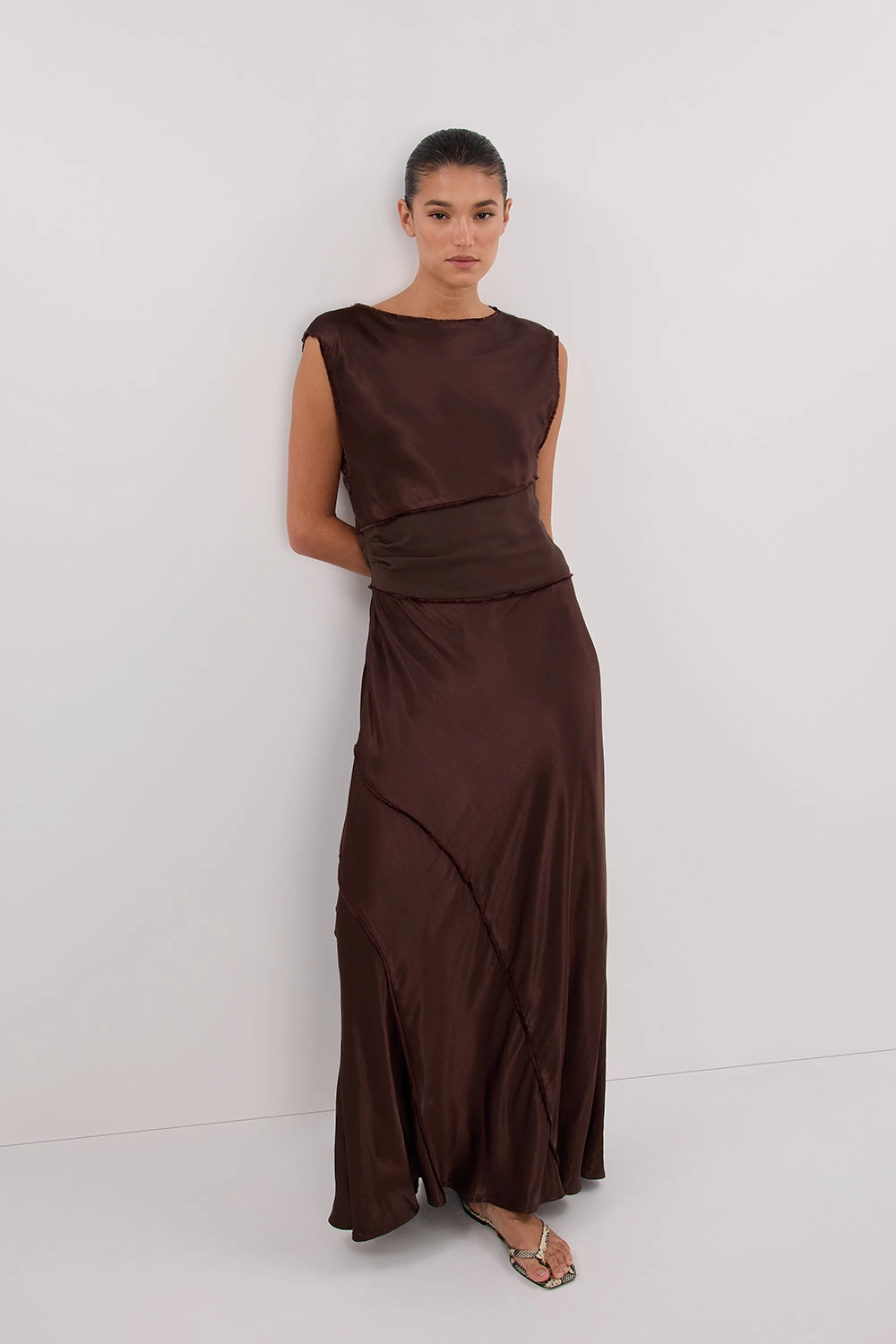 Comfy and Cozy MONICA BITTER CHOCOLATE SATIN MIDI DRESS