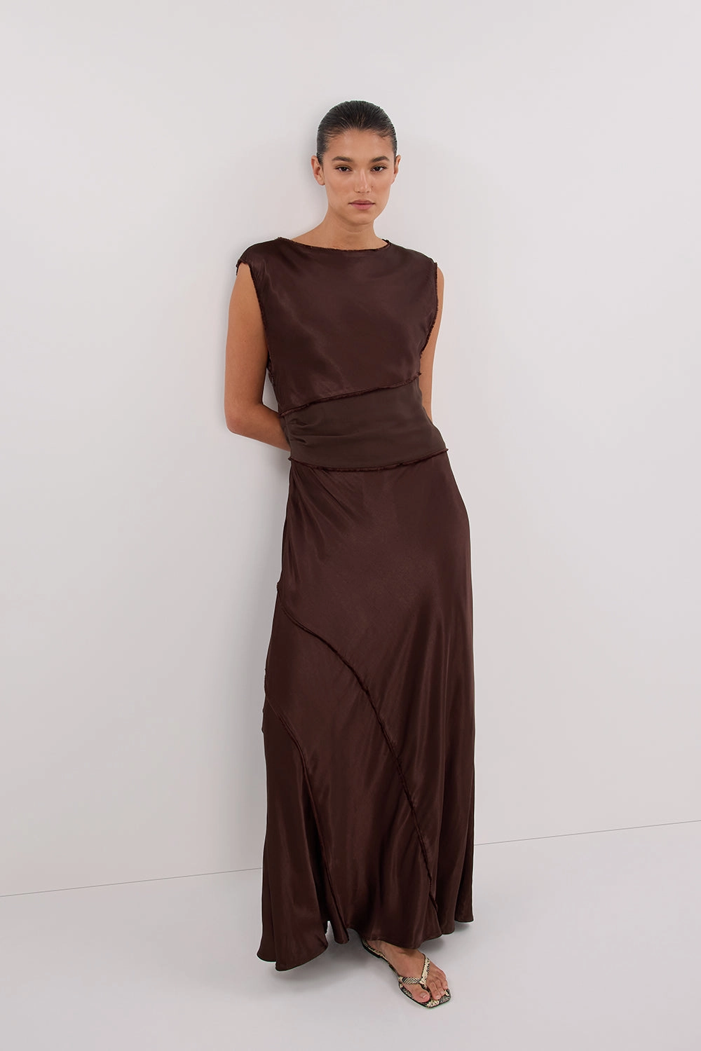 MONICA BITTER CHOCOLATE SATIN MIDI DRESS SoftTouchTexture