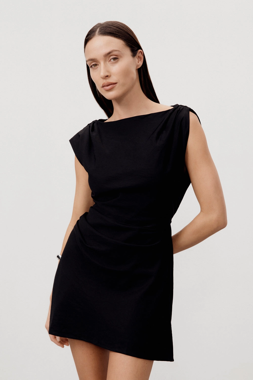 Day To Night MARMO BLACK DRAPED MINI DRESS