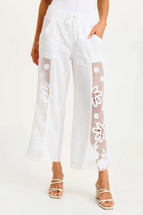 Rokel Linen/Crochet Ruched Wide Leg Pant Soft Material Comfort Layer Wear