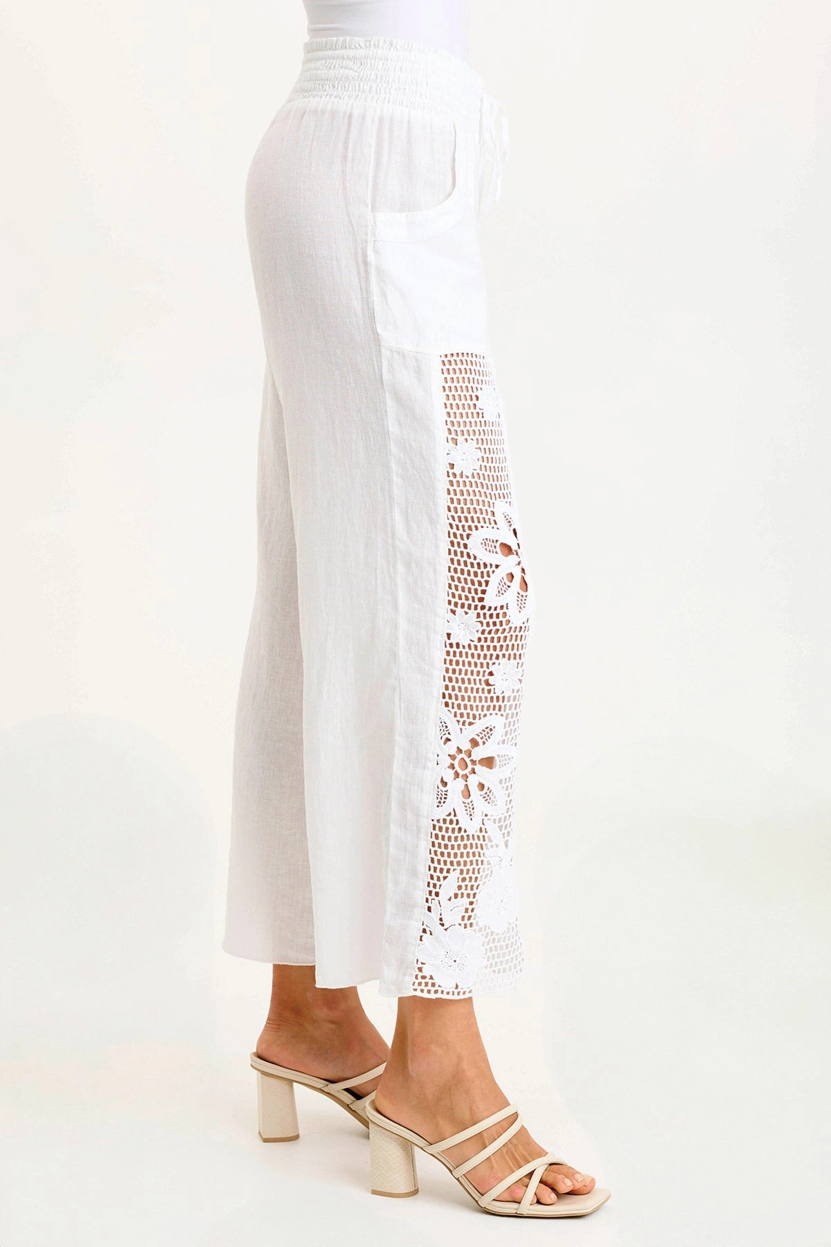Anti Chafe Lining Rokel Linen/Crochet Ruched Wide Leg Pant
