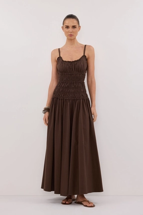Elegant Layers Cotton-Blend TOBY BITTER CHOC COTTON MIDI DRESS