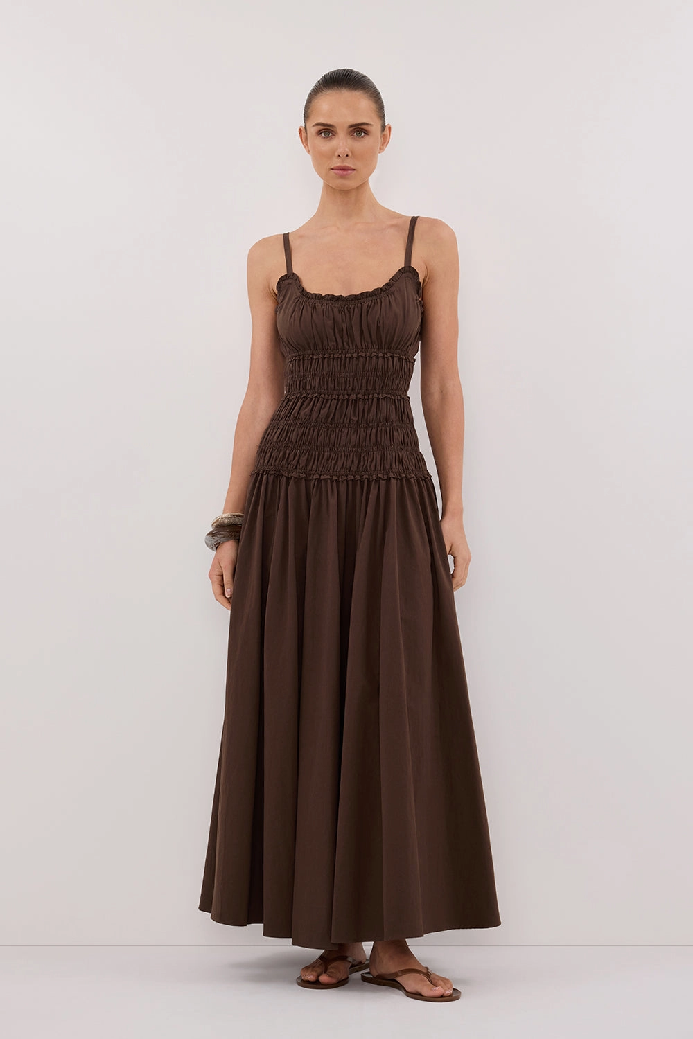 Quick-Dry Feminine fit-and-flare silhouette TOBY BITTER CHOC COTTON MIDI DRESS
