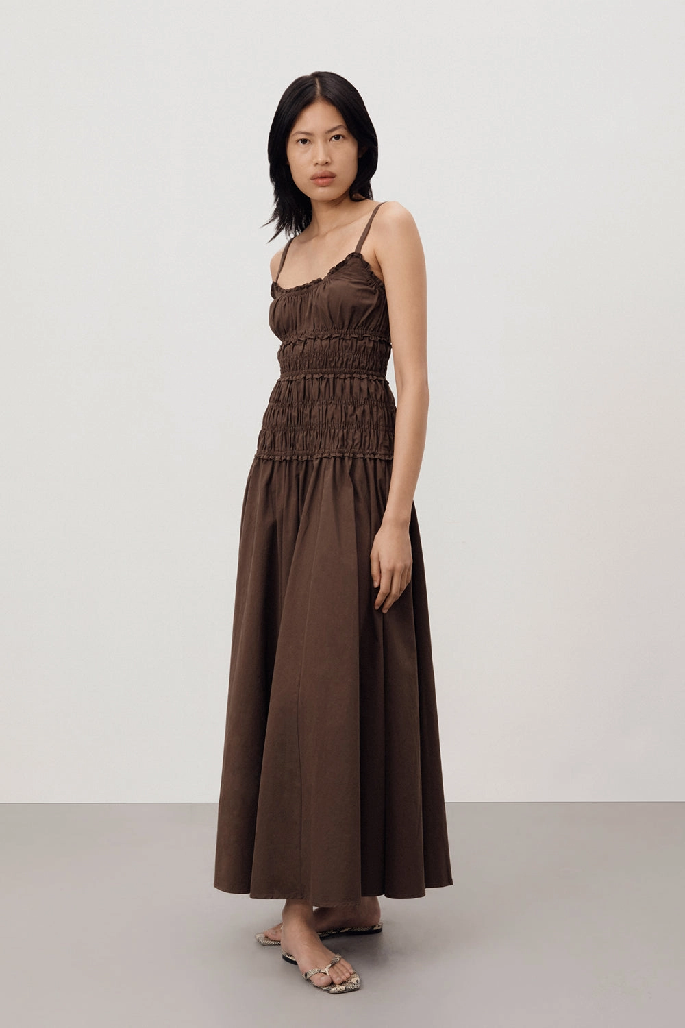 Minimalist fit-and-flare Contemporary Look TOBY BITTER CHOC COTTON MIDI DRESS