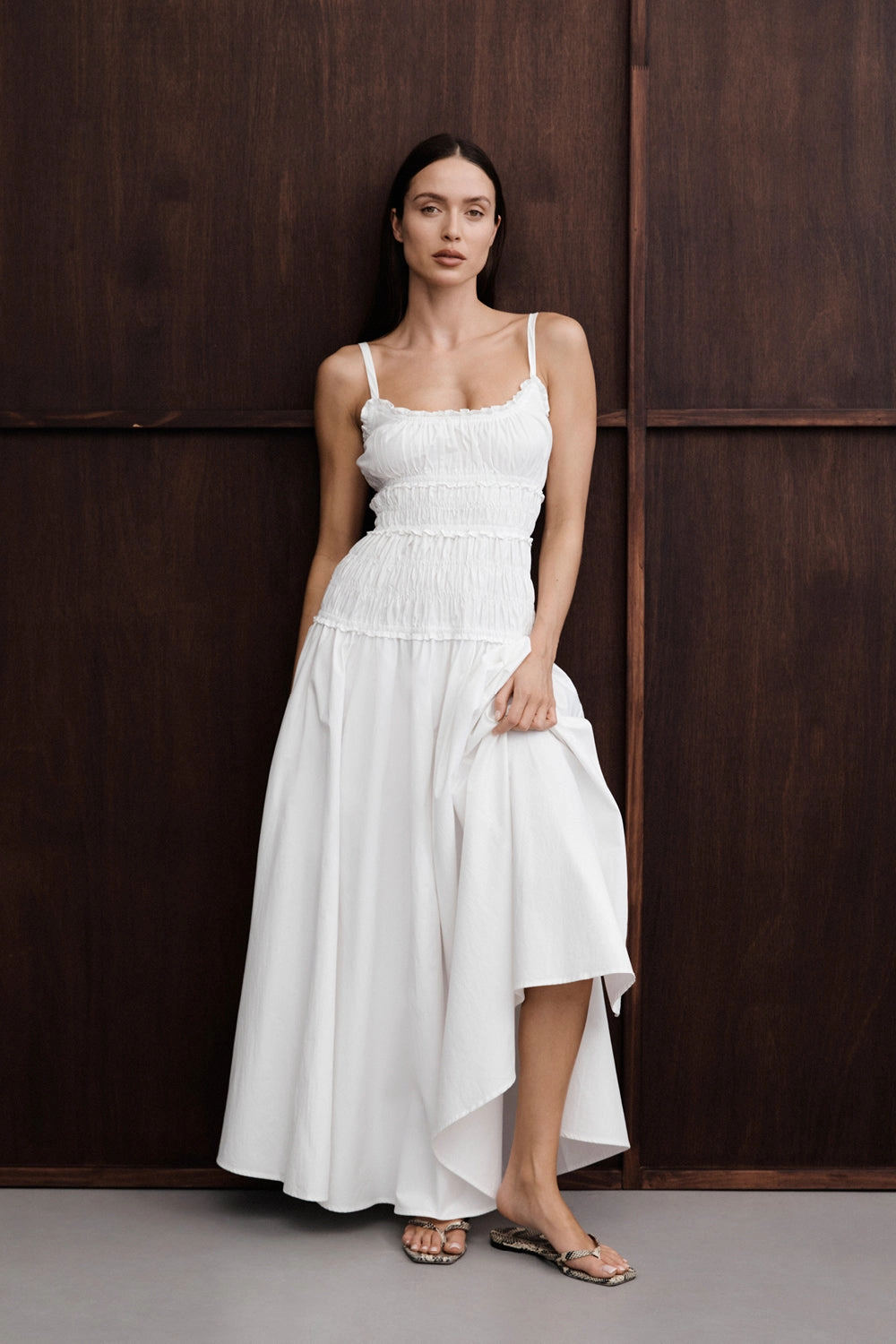 Silky Finish Sleek Appearance TOBY WHITE COTTON MIDI DRESS