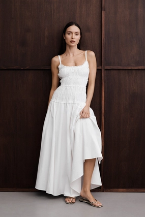 TOBY WHITE COTTON MIDI DRESS Bust-Enhancing Relaxed Comfort