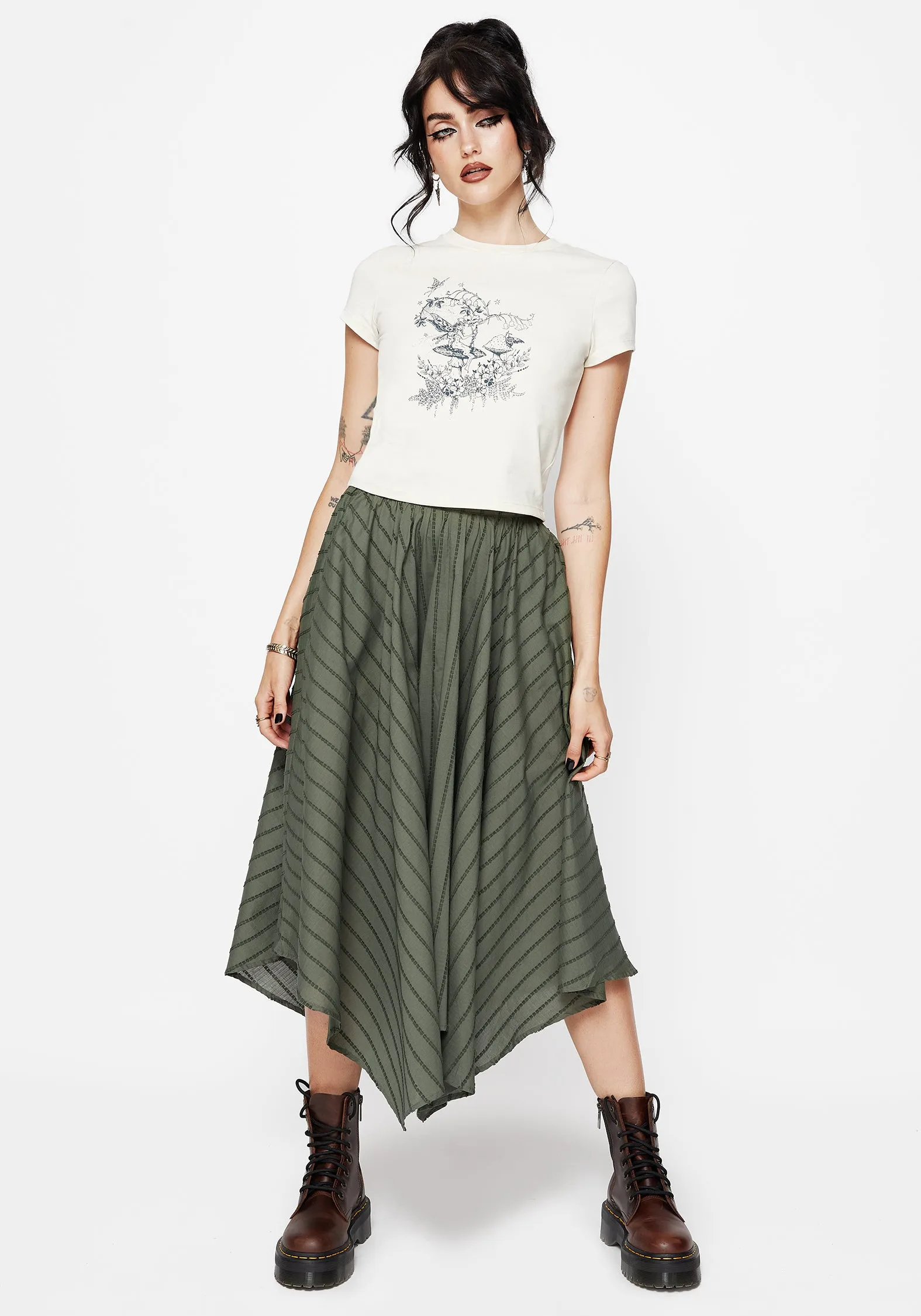 Cashmere Touch Textured Surface Blythe Cotton Handkerchief Hem Midaxi Skirt - Green
