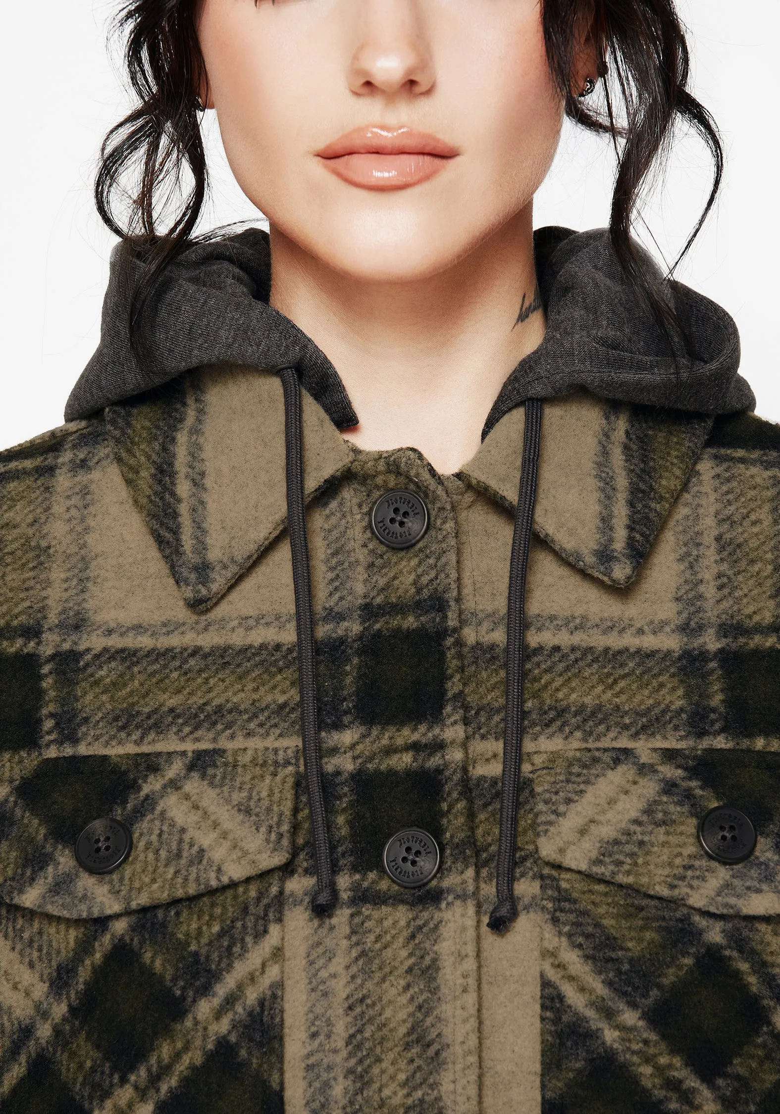 Noise Reduced Fabric Trellis Hooded Pocket Check Shacket - Green