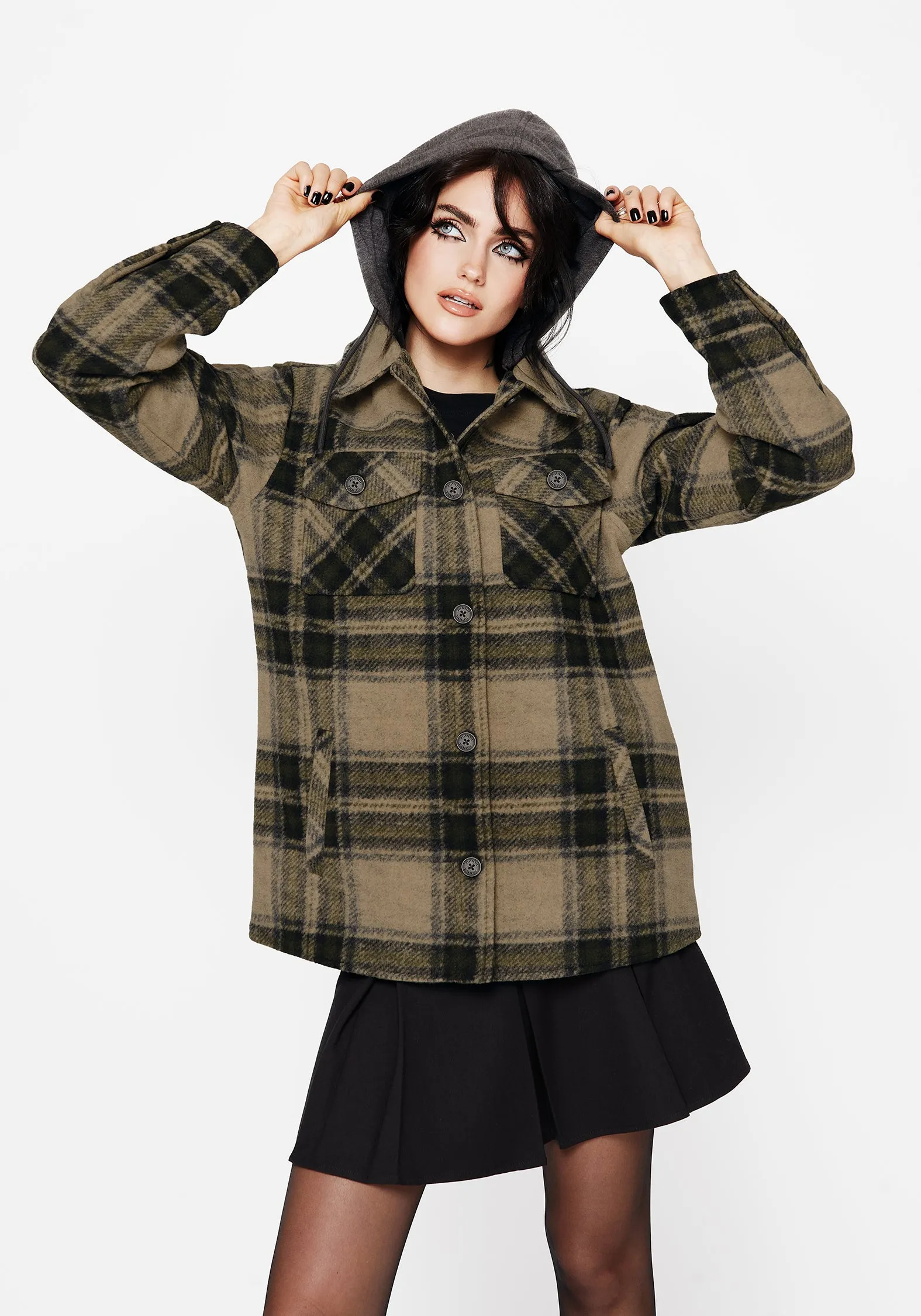 Wrinkle Free Exterior Trellis Hooded Pocket Check Shacket - Green