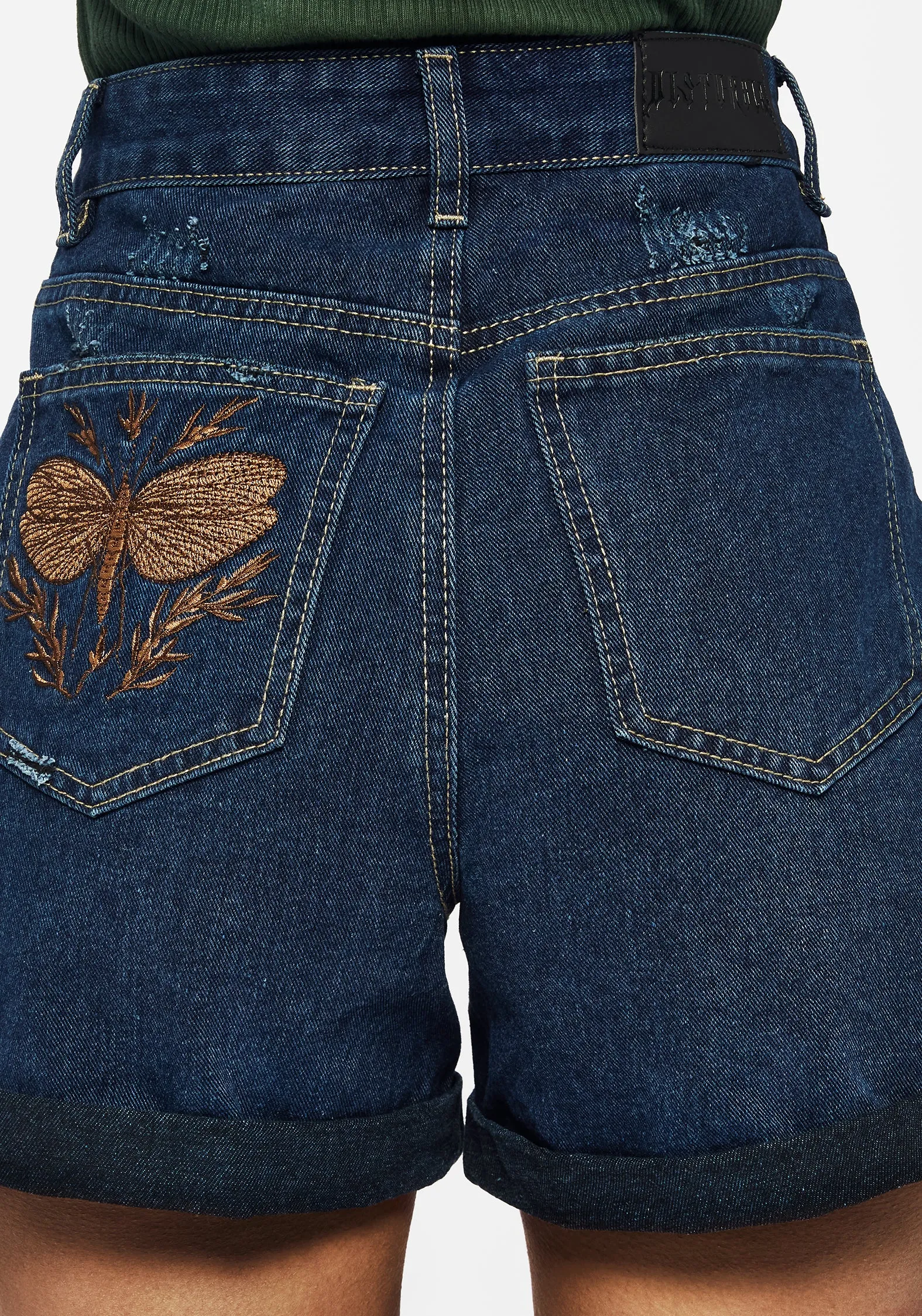 Griffinfly Embroidered Distressed Denim Shorts - Blue Lace trim