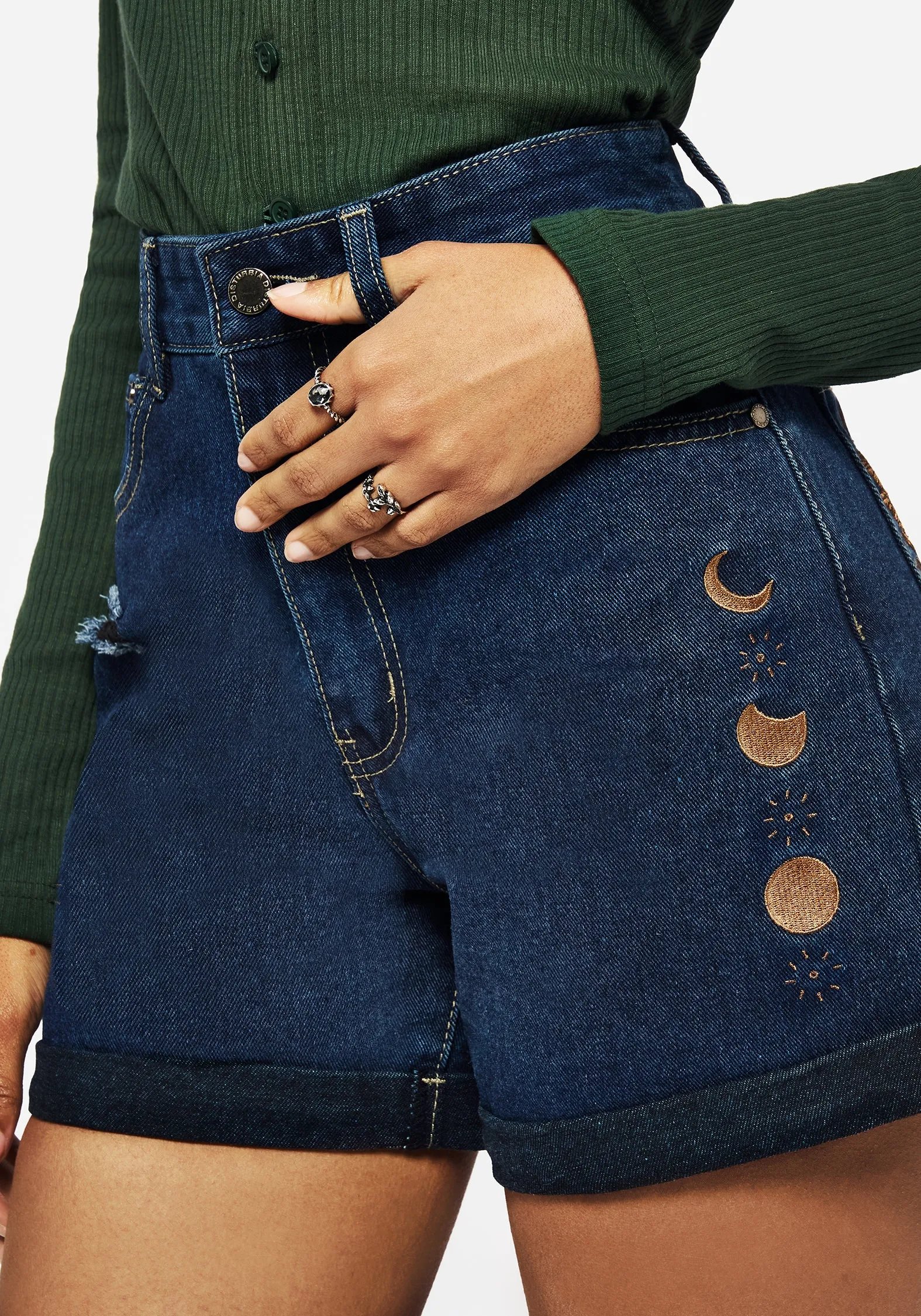 Griffinfly Embroidered Distressed Denim Shorts - Blue High-Performance Fit