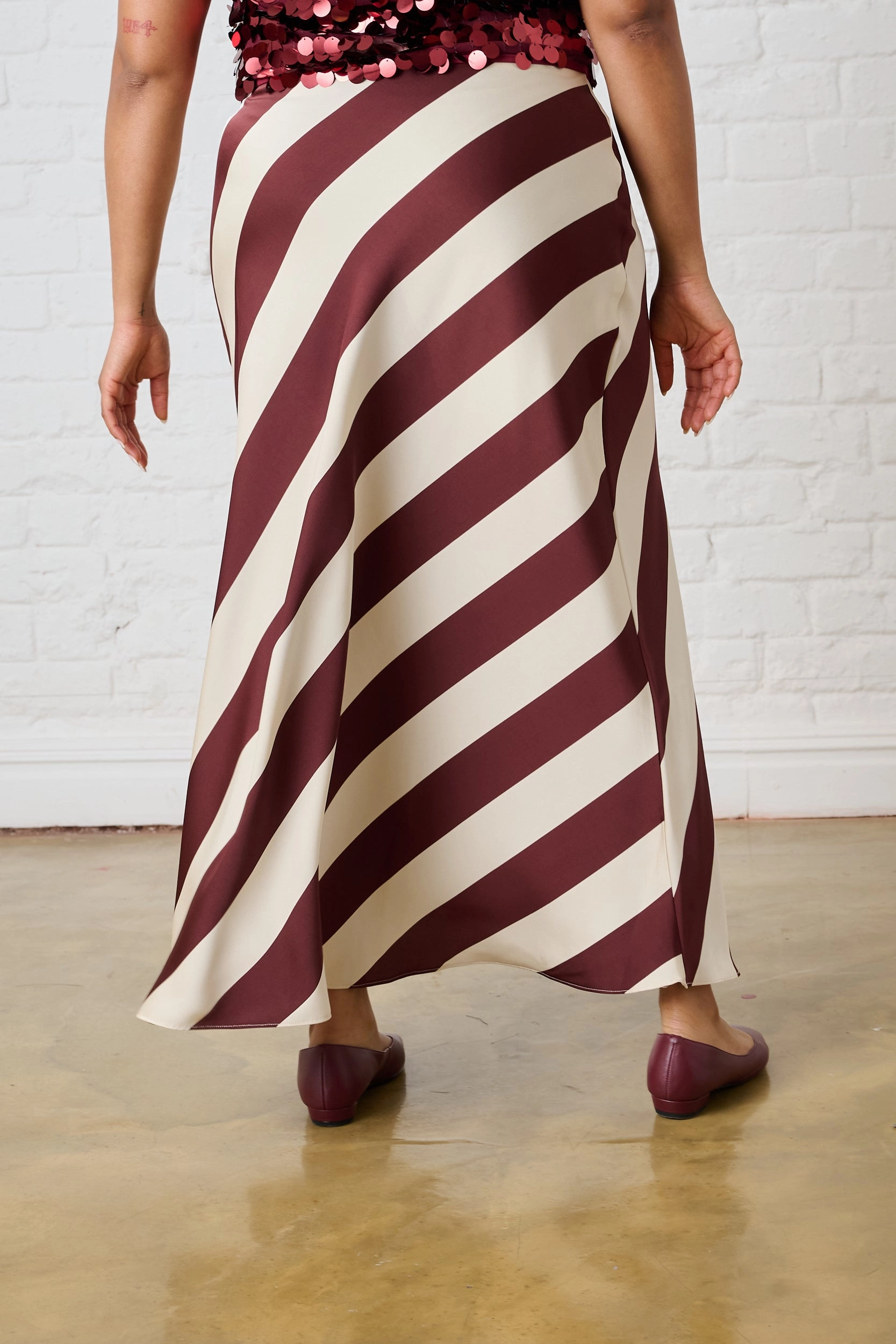Satin Maxi Skirt in Burgundy Stripe Day Ready