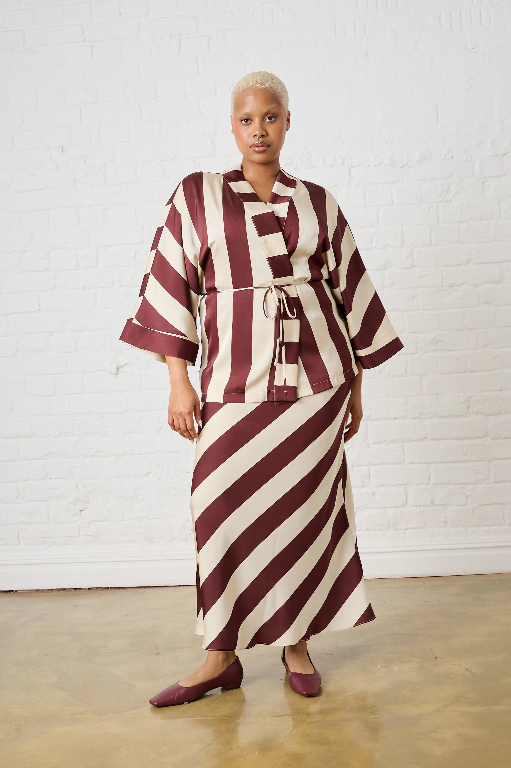 Satin Maxi Skirt in Burgundy Stripe Outfit Mood