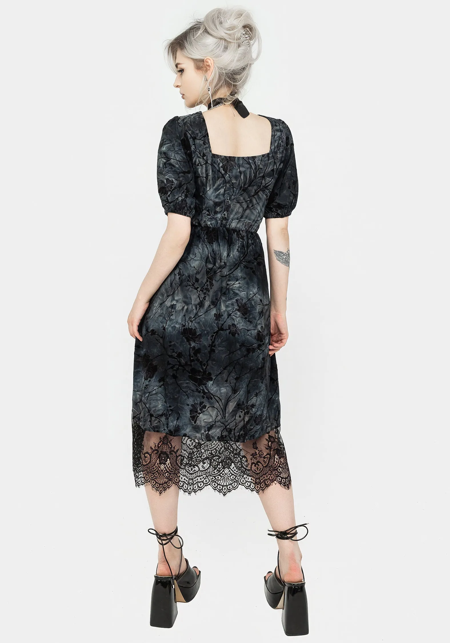 Vice Lace Trim Velour Midi Dress Vibrant Form Retro Mood