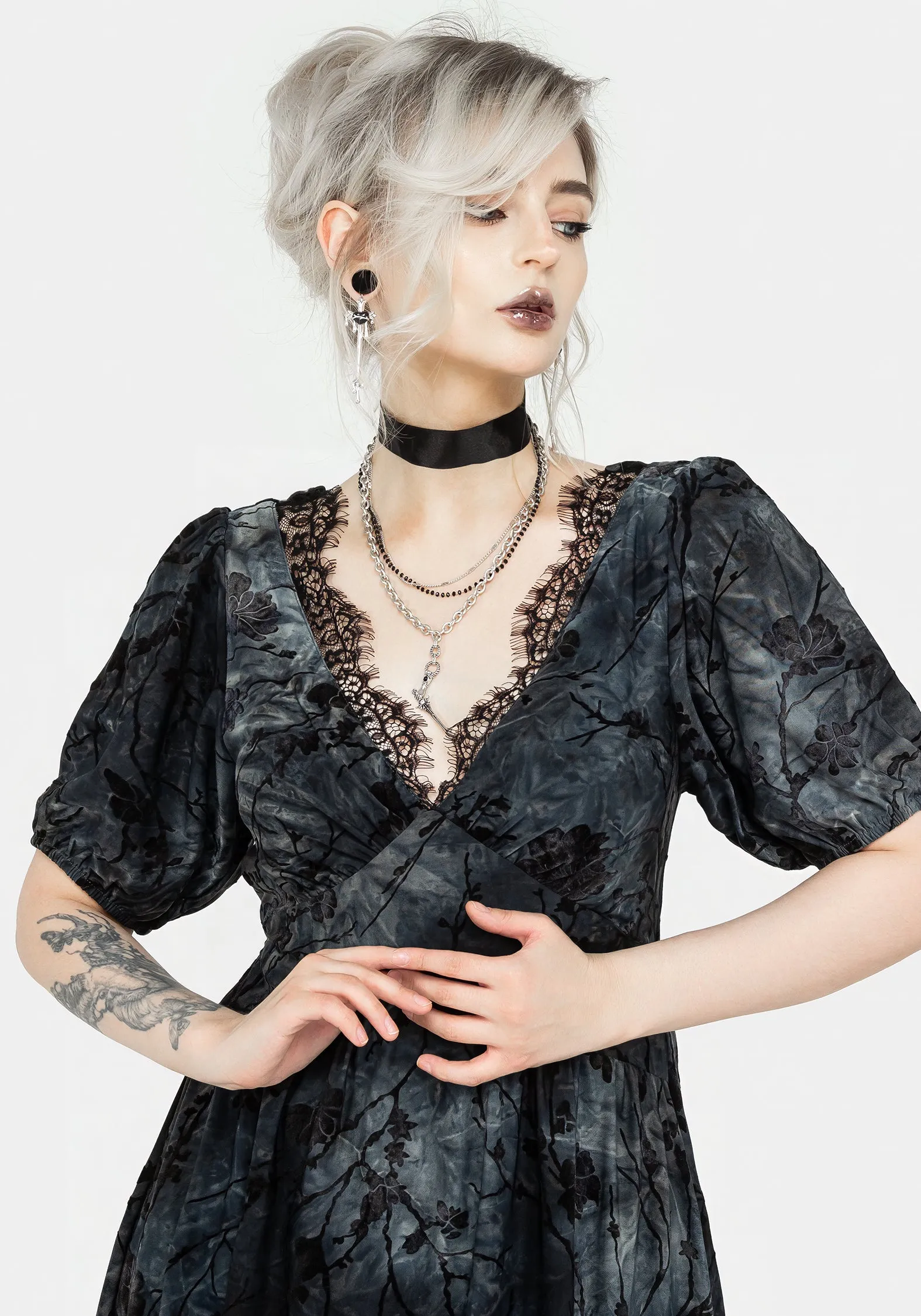 Balanced Tones Lounge Mode Vice Lace Trim Velour Midi Dress