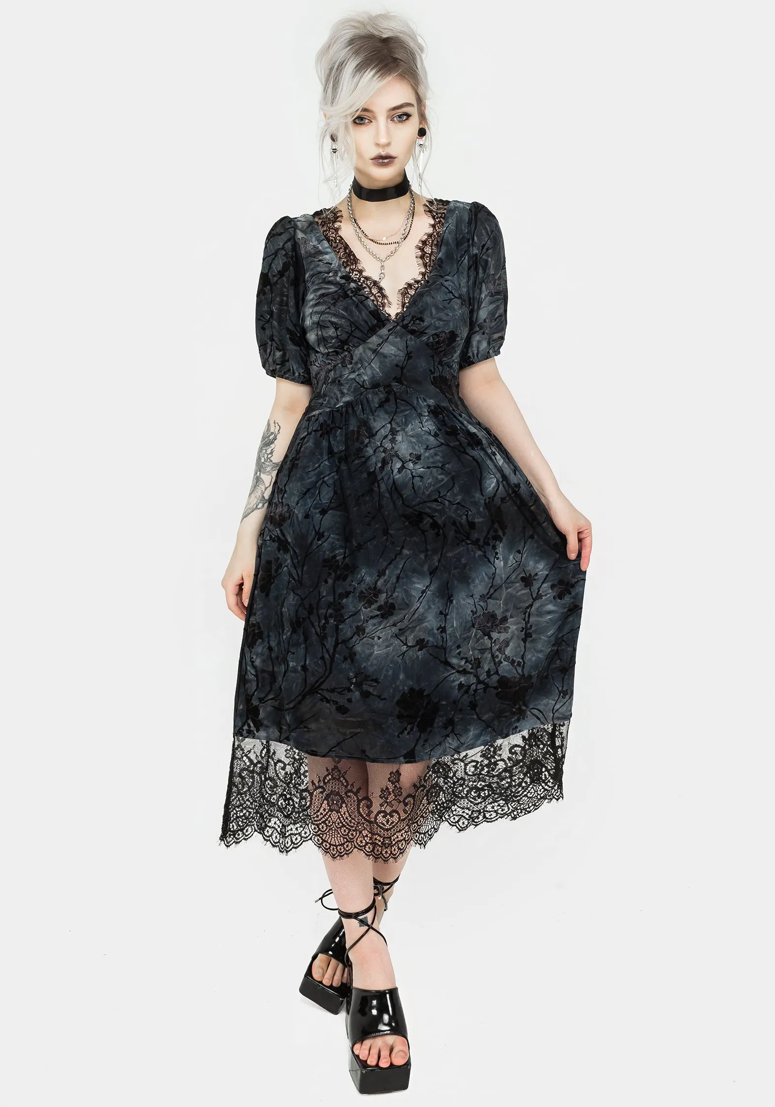 Vice Lace Trim Velour Midi Dress Cool Fabric Daily Chic