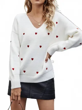 Cozy Fit Wear Layering Piece Heart V-Neck Long Sleeve Sweater In White
