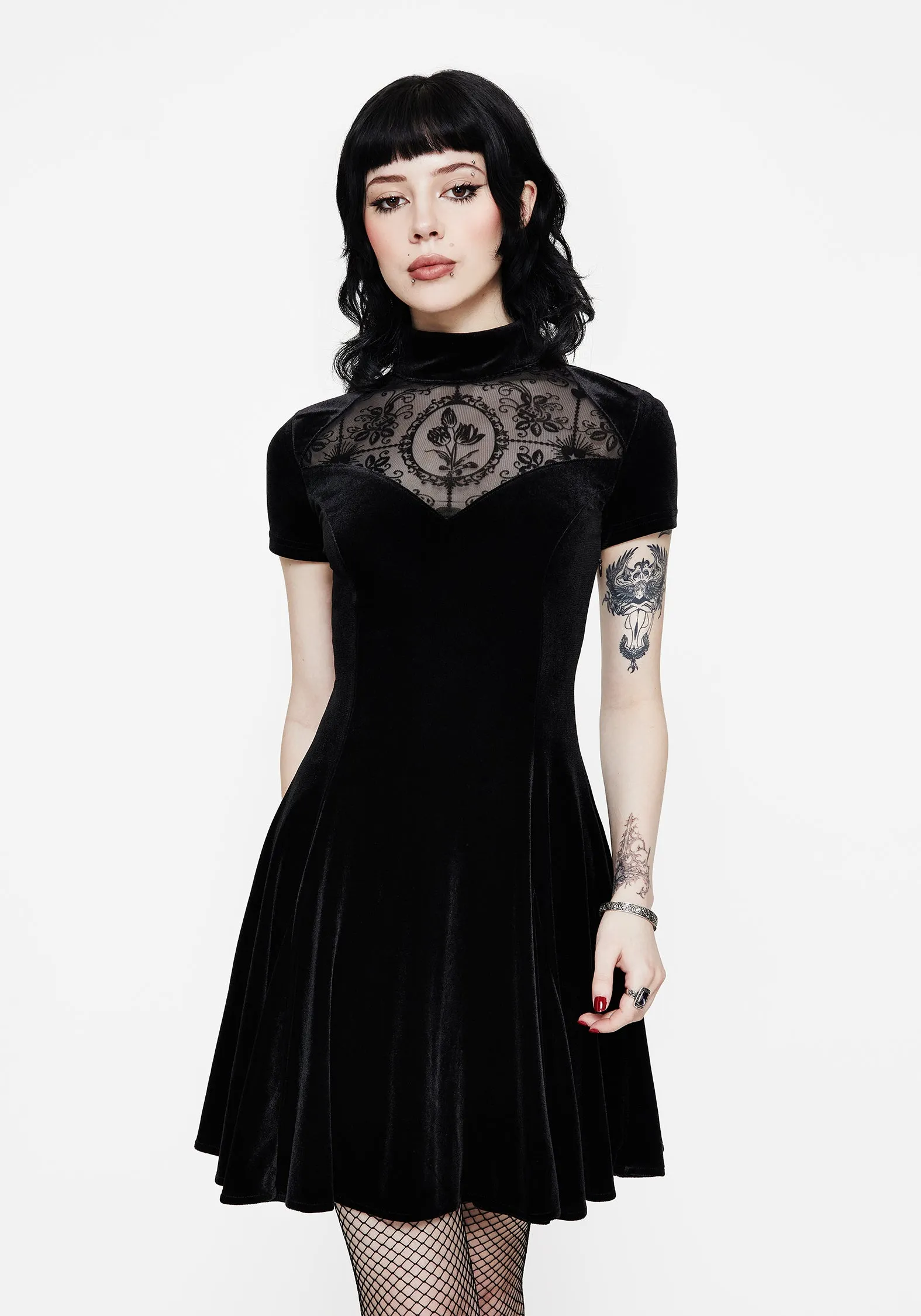Fitted Shape Cameo High Neck Flocked Mesh Insert Skater Mini Dress