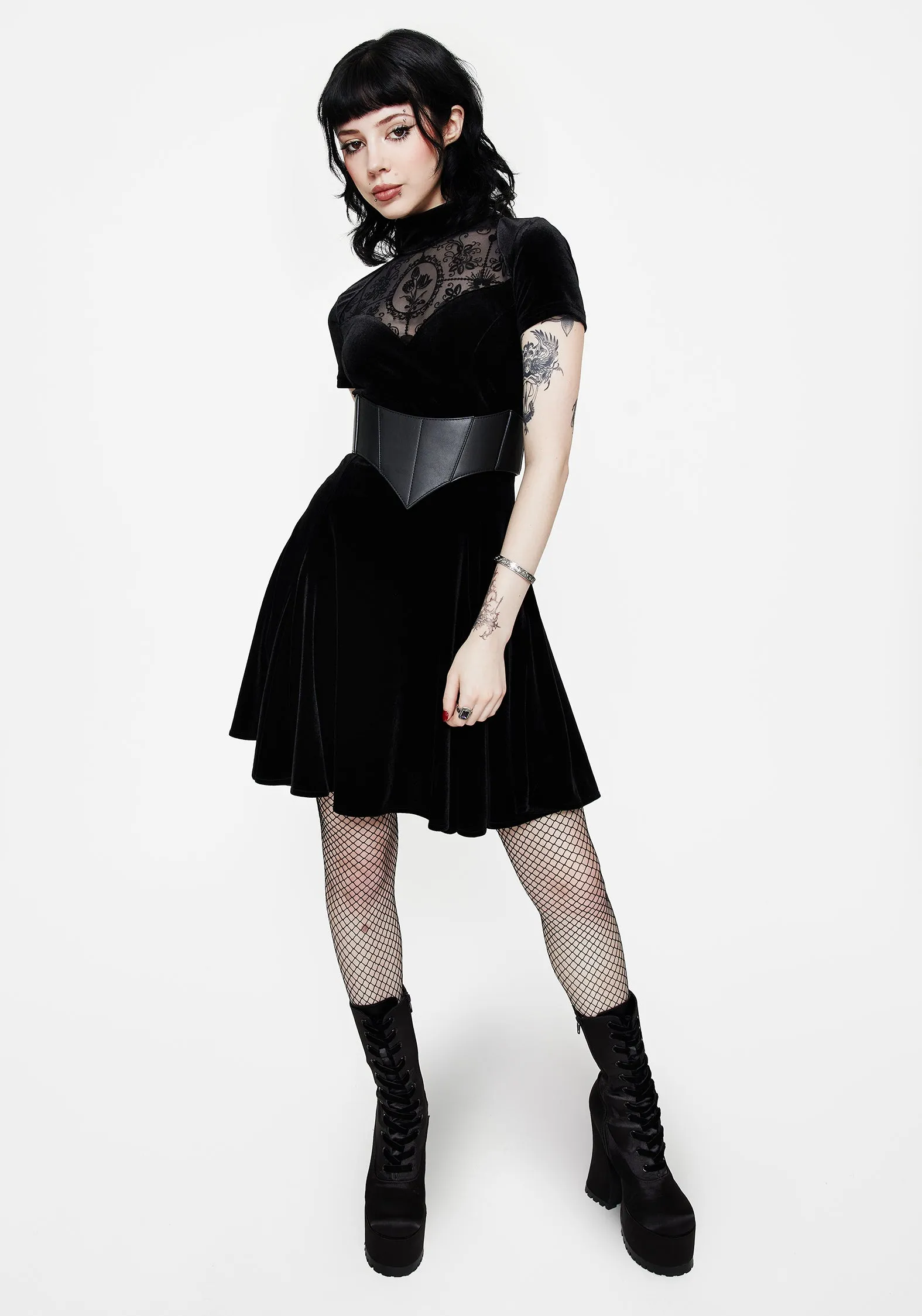 Silky Mood Cozy Mood Cameo High Neck Flocked Mesh Insert Skater Mini Dress