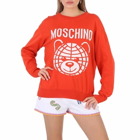 Comfy Material Winter Style Moschino Fantasy Print Red Teddy Logo Intarsia-Knit Cotton Sweater