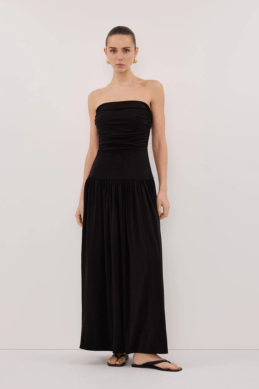 Dreamy Drape SHARI BLACK STRAPLESS BANDEAU MIDI DRESS