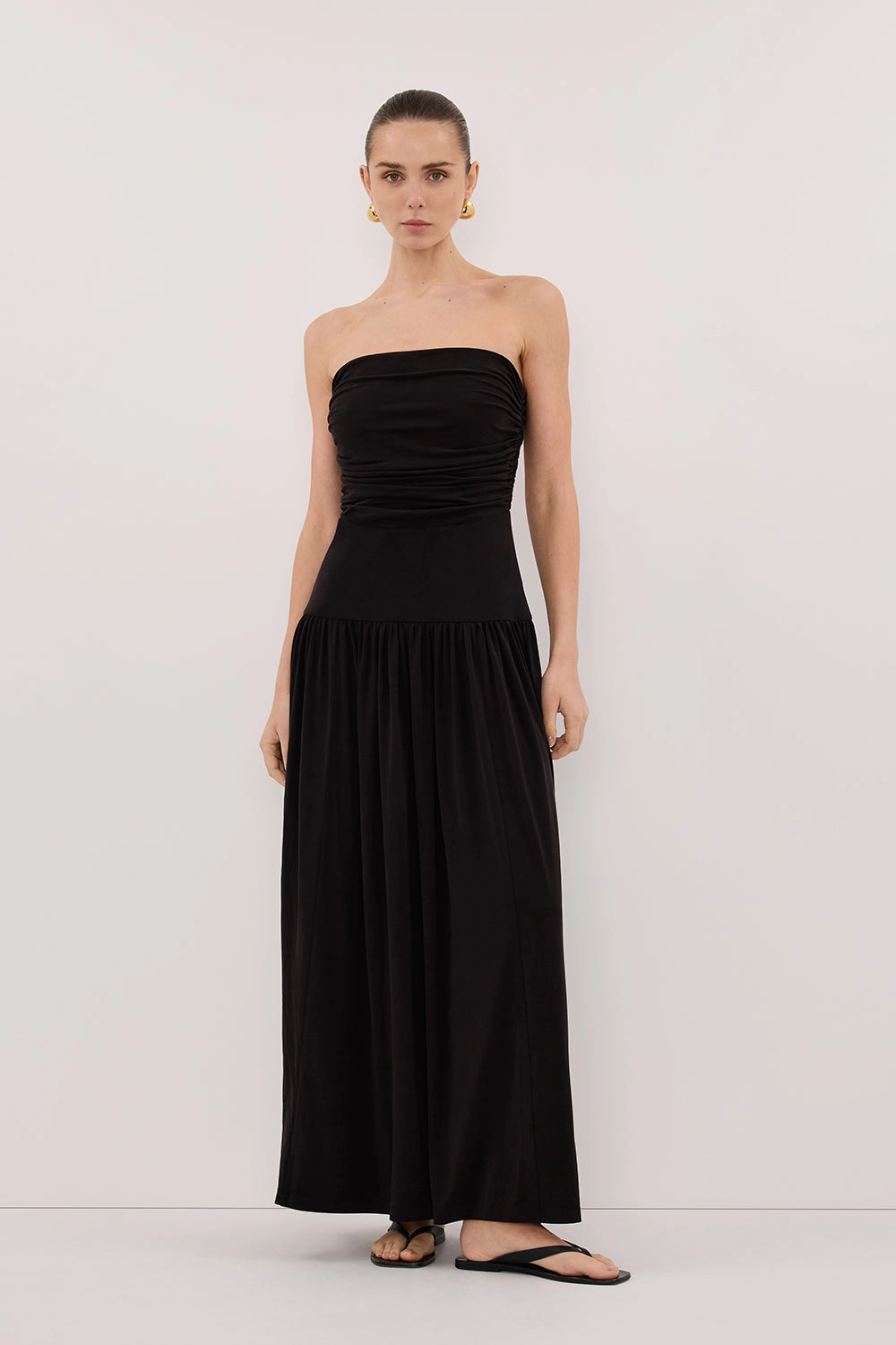 SHARI BLACK STRAPLESS BANDEAU MIDI DRESS Lounge Moment Fresh Color