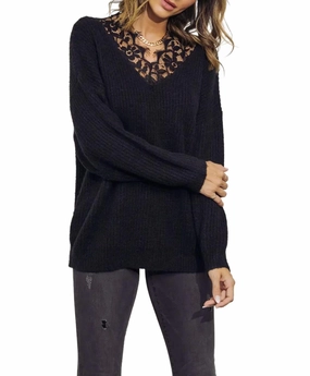 Lace-Trimmed Knit Sweater In Black Fashion-Forward Look