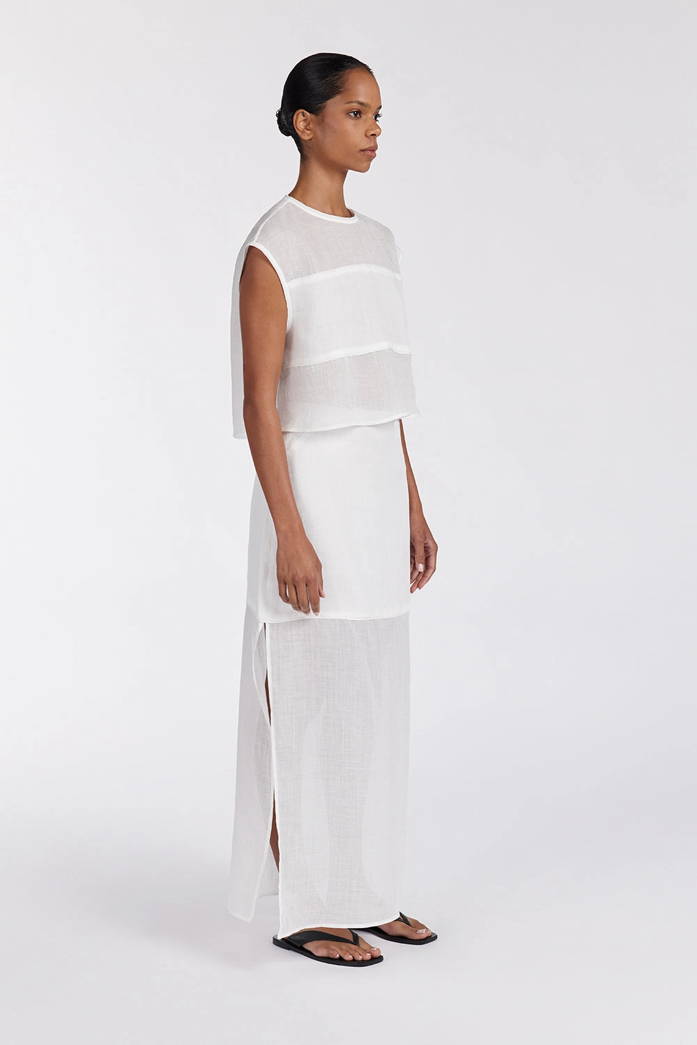 KAI WHITE RAMIE MIDI SKIRT Hand Stitched Bold Details
