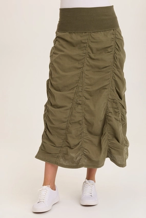 Linen Shirred Asymmetric Midi Skirt Outfit Lineup Maternity Friendly