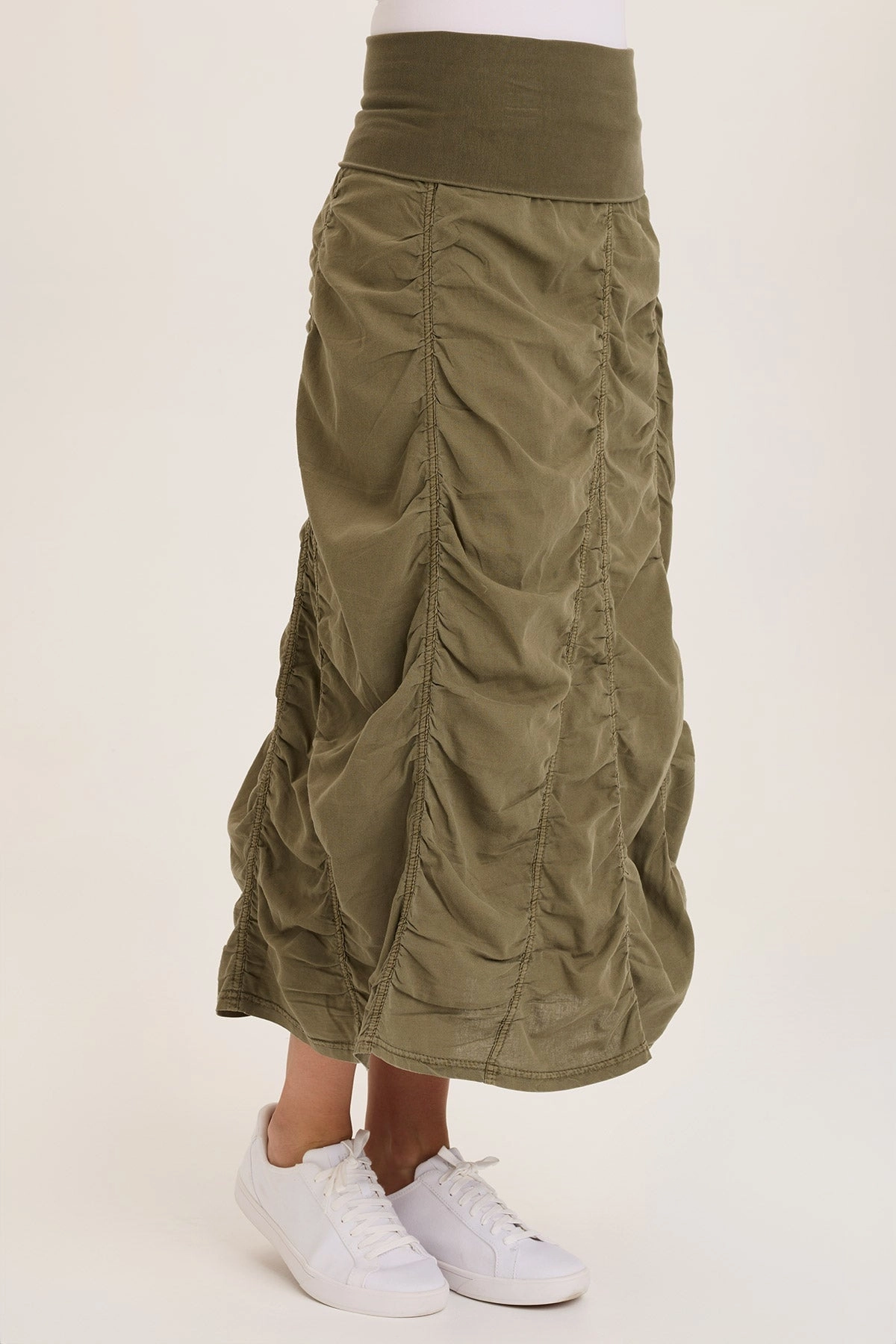 Classic Comfort Smooth Layer Linen Shirred Asymmetric Midi Skirt