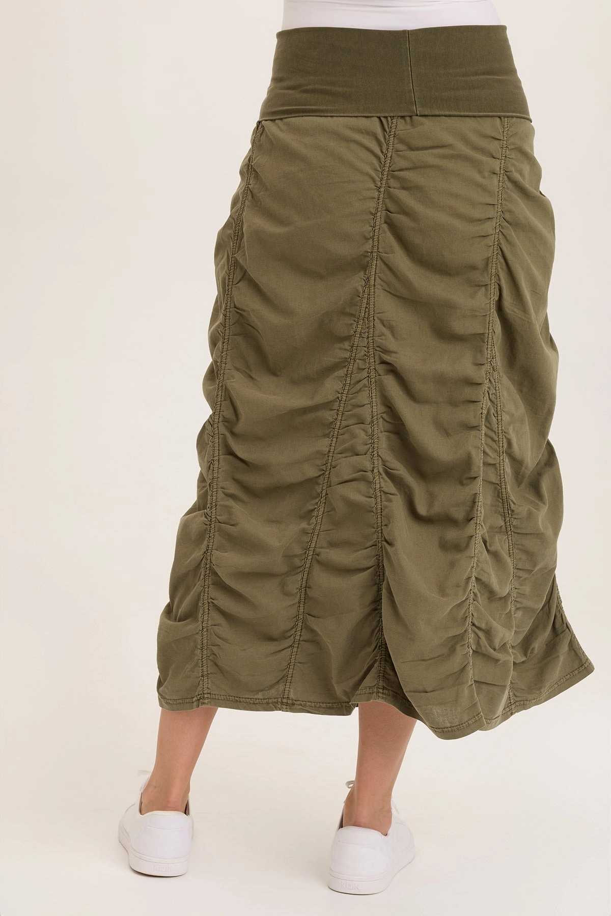 Sleek Detail Wrinkle Resistant Finish Linen Shirred Asymmetric Midi Skirt