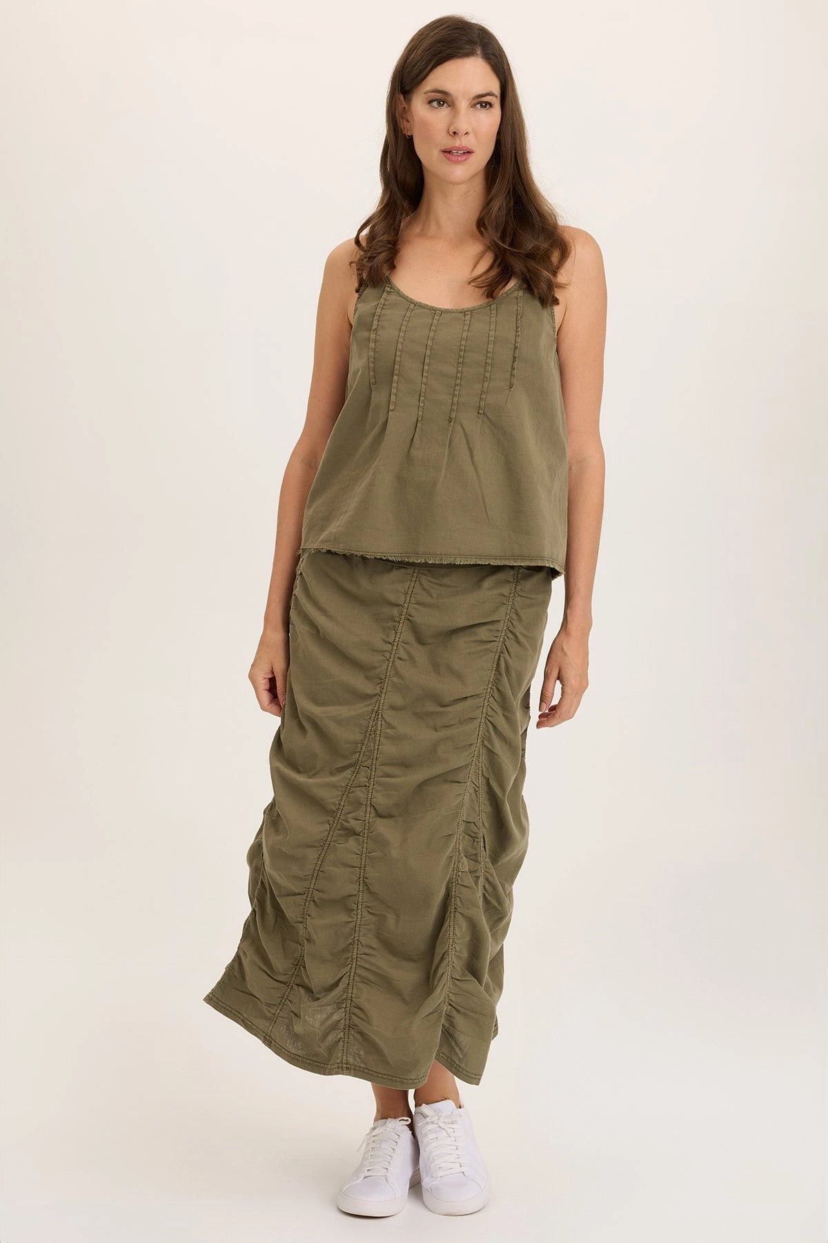Coordinated Set Linen Shirred Asymmetric Midi Skirt
