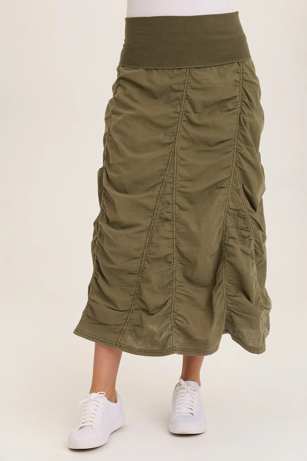 Linen Shirred Asymmetric Midi Skirt Outfit Lineup Maternity Friendly