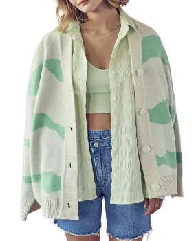 Comfy Look Fashion Ready Two-Tone Wavy Stripe Knit Cardigan In Green
