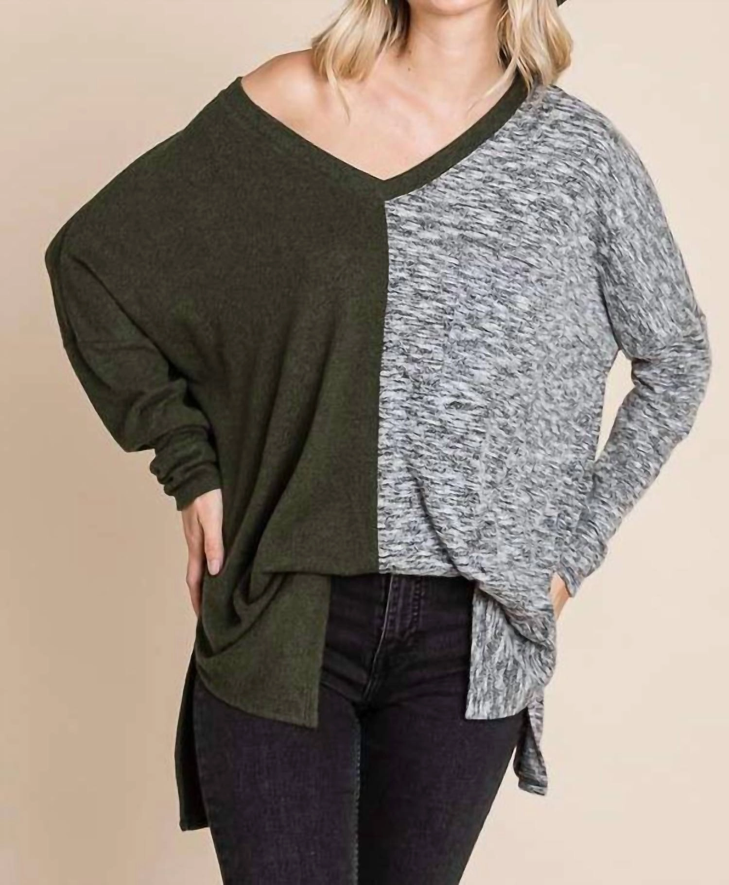 Two Tone Sweater In New Olive Combo Knit Perfection