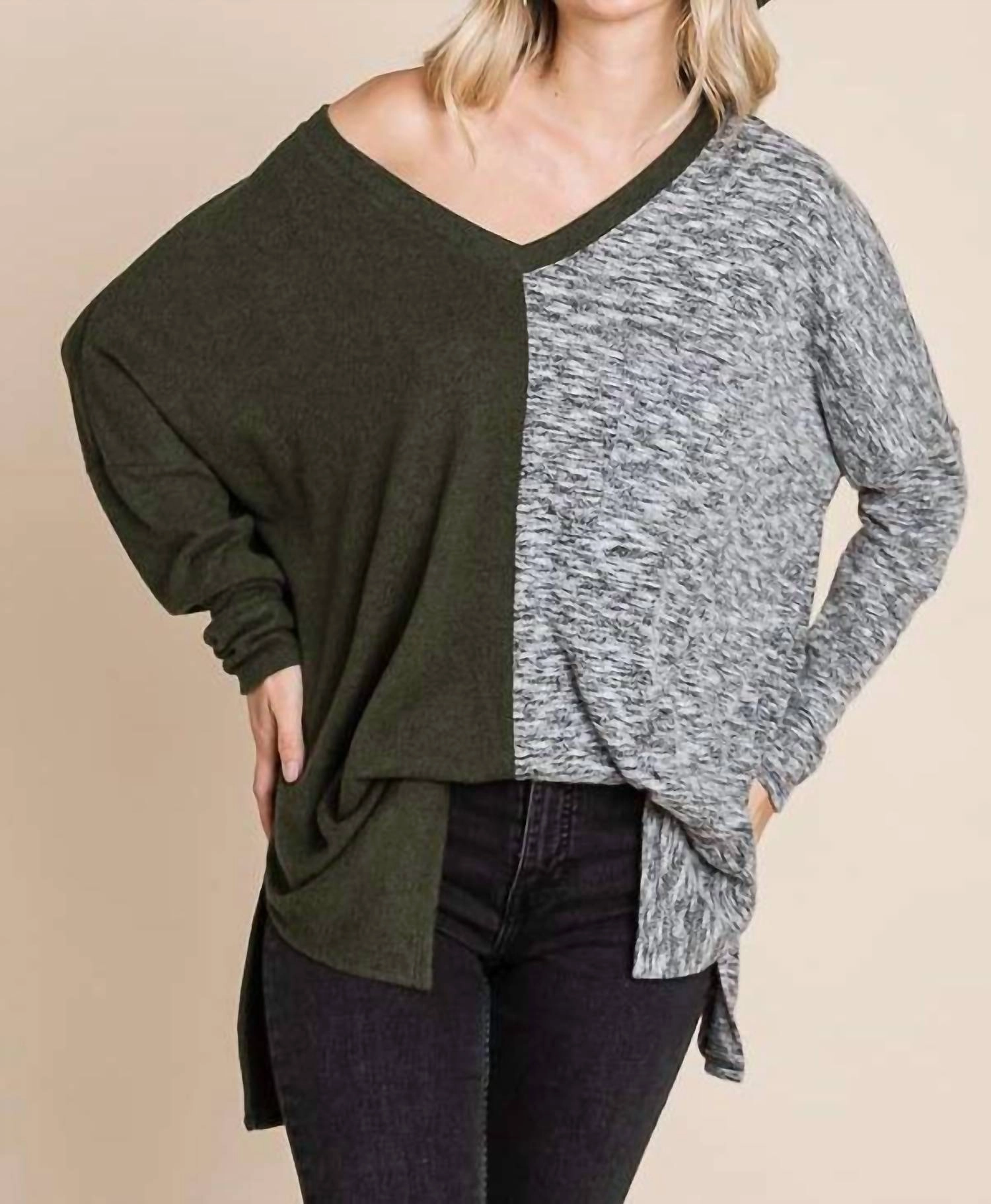 Two Tone Sweater In New Olive Combo Cozy Appeal V neck
