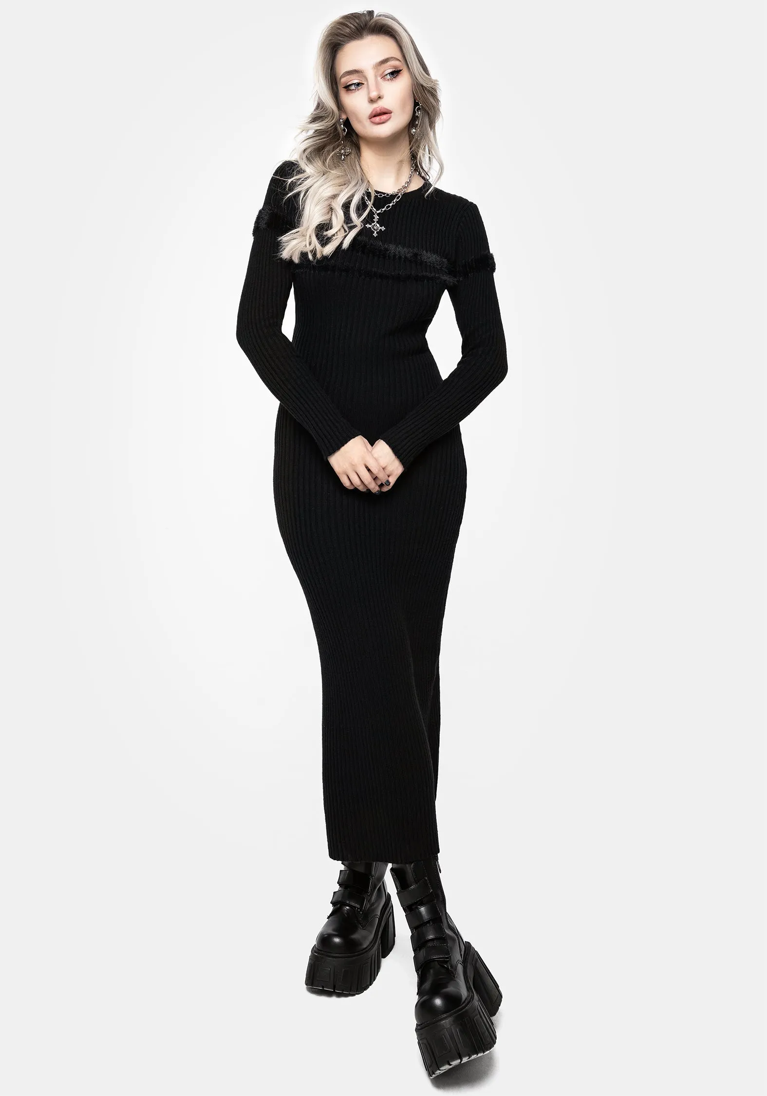 Structured-Shape Relax Style Typhon Stripe Knit Maxi Dress