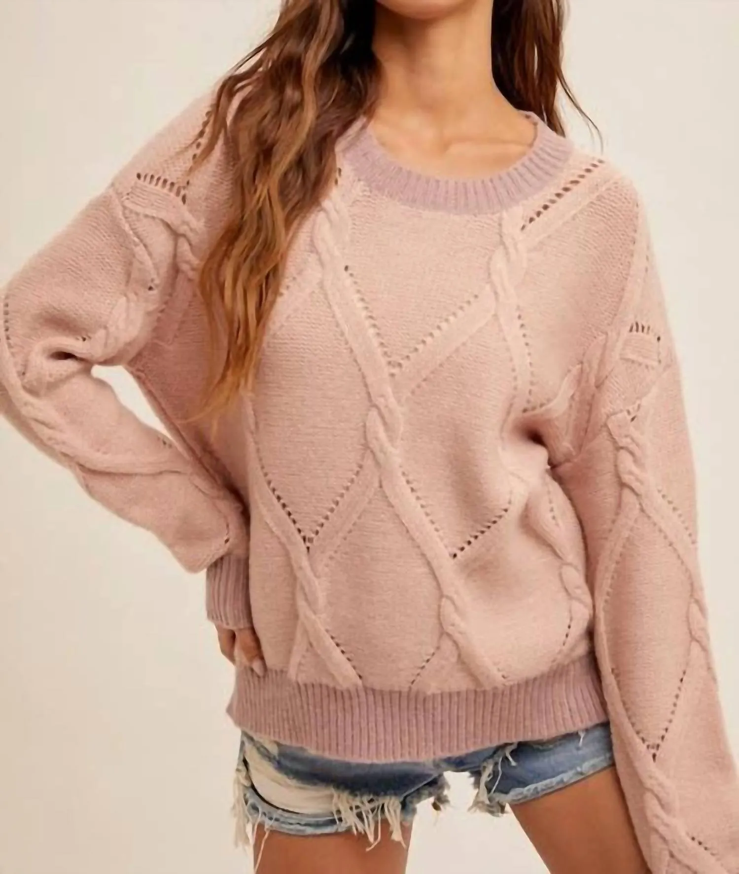 Soft Knit Layer Round Neck Cable Knit Detail Sweater In Mauve