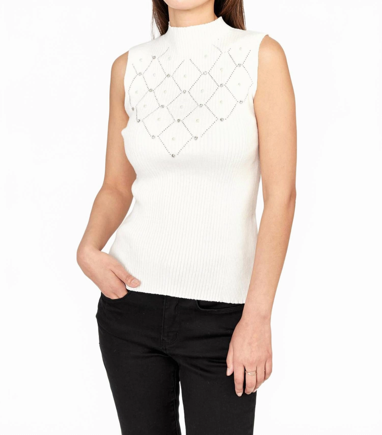 Moisture wicking Sleeveless Mock Neck Knit Top In Off White