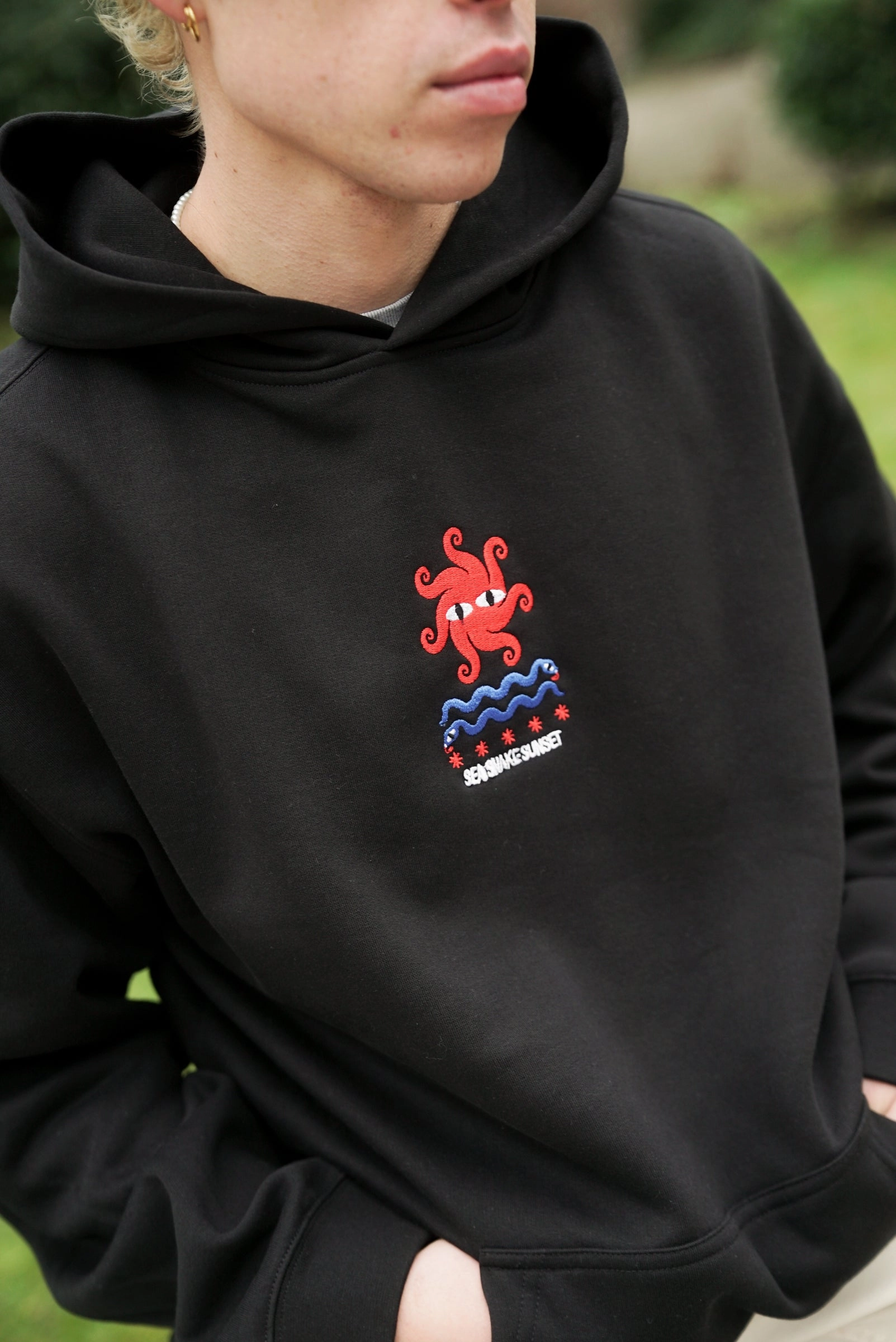 Stretchable KBAR X UN:IK 'Sea Snake' Embroidered Hoodie - Black