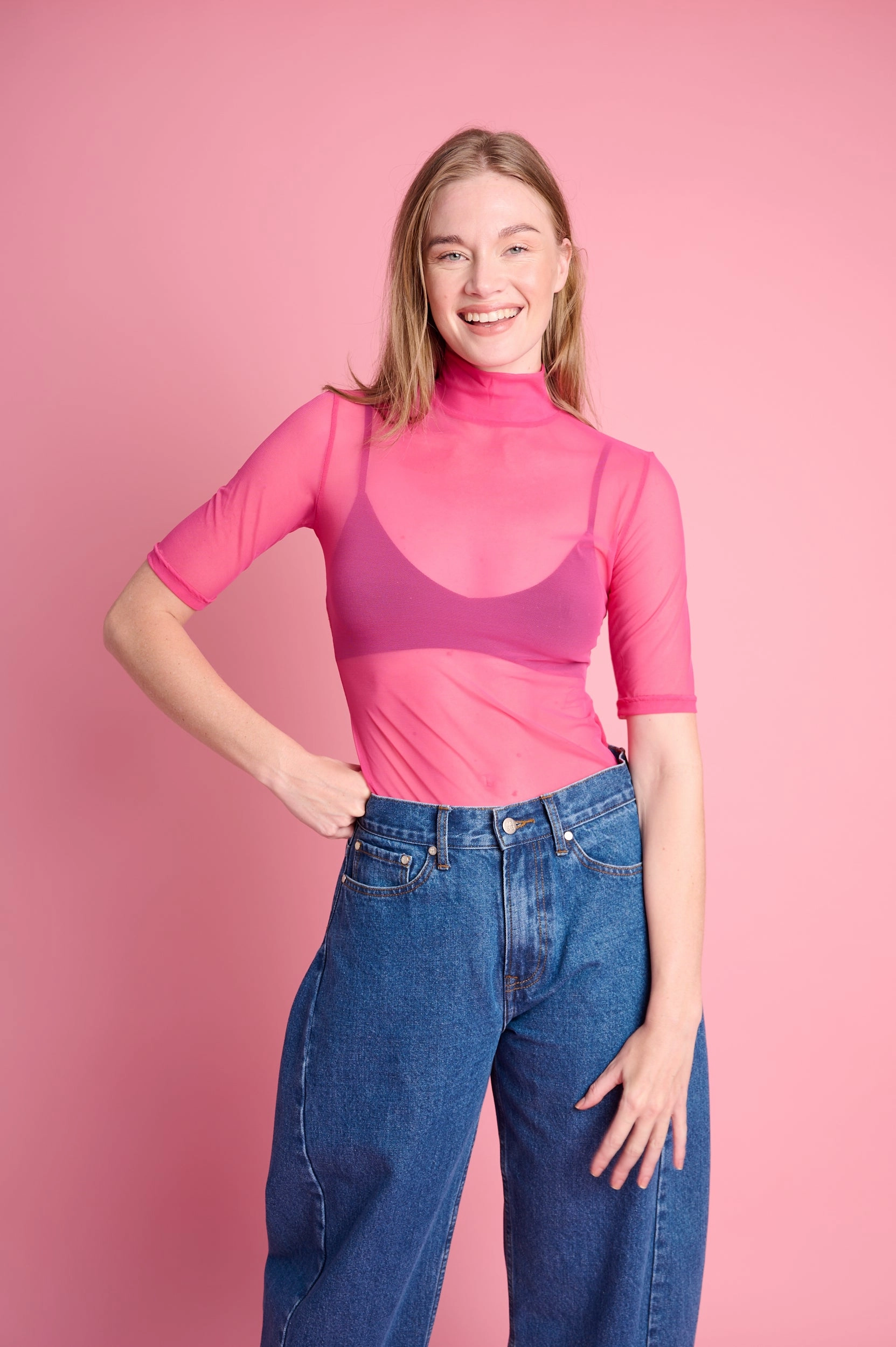 Anti Pill Surface Cozy Cardigan Polo Mesh Three Quarter Sleeve in Pink