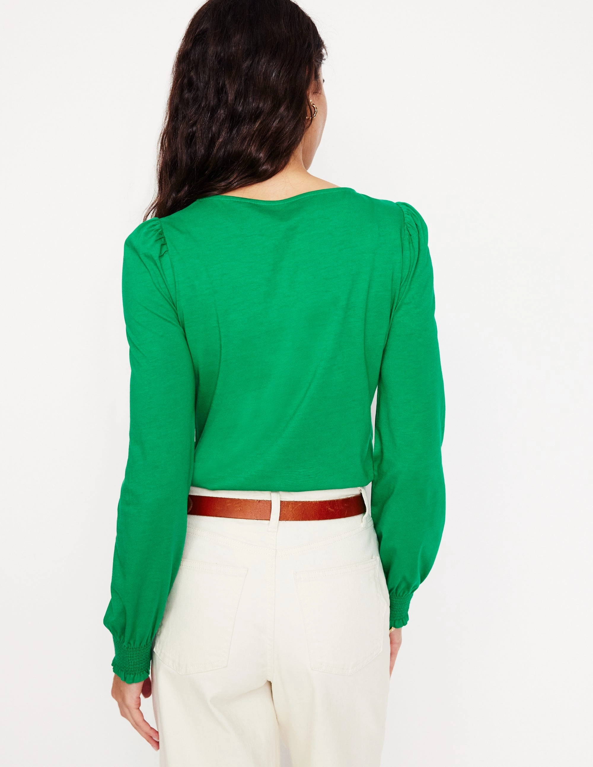 UltraStretch Smocked Cuff Supersoft Top-Rich Emerald Sweat Absorbing Lining Layered Placket Design