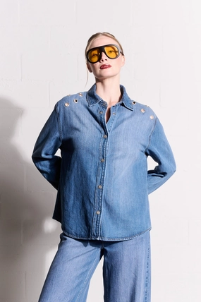 Ergonomic Silhouette Lyocell Denim Shirt with Eyelets in Medium Wash