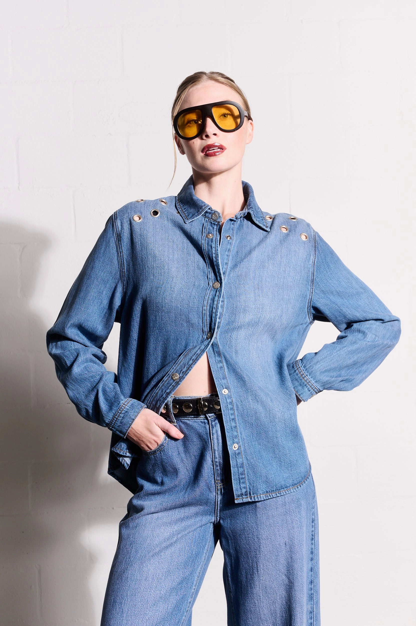 Lyocell Denim Shirt with Eyelets in Medium Wash Everyday Fit Style